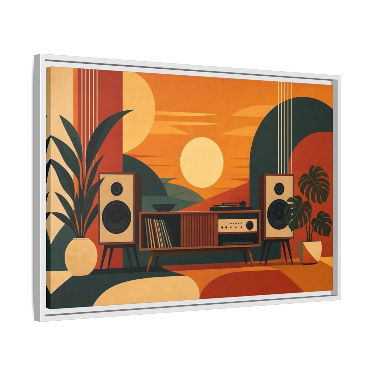 Side Mockup 10. Retro Sunset Stereo shown as framed canvas print