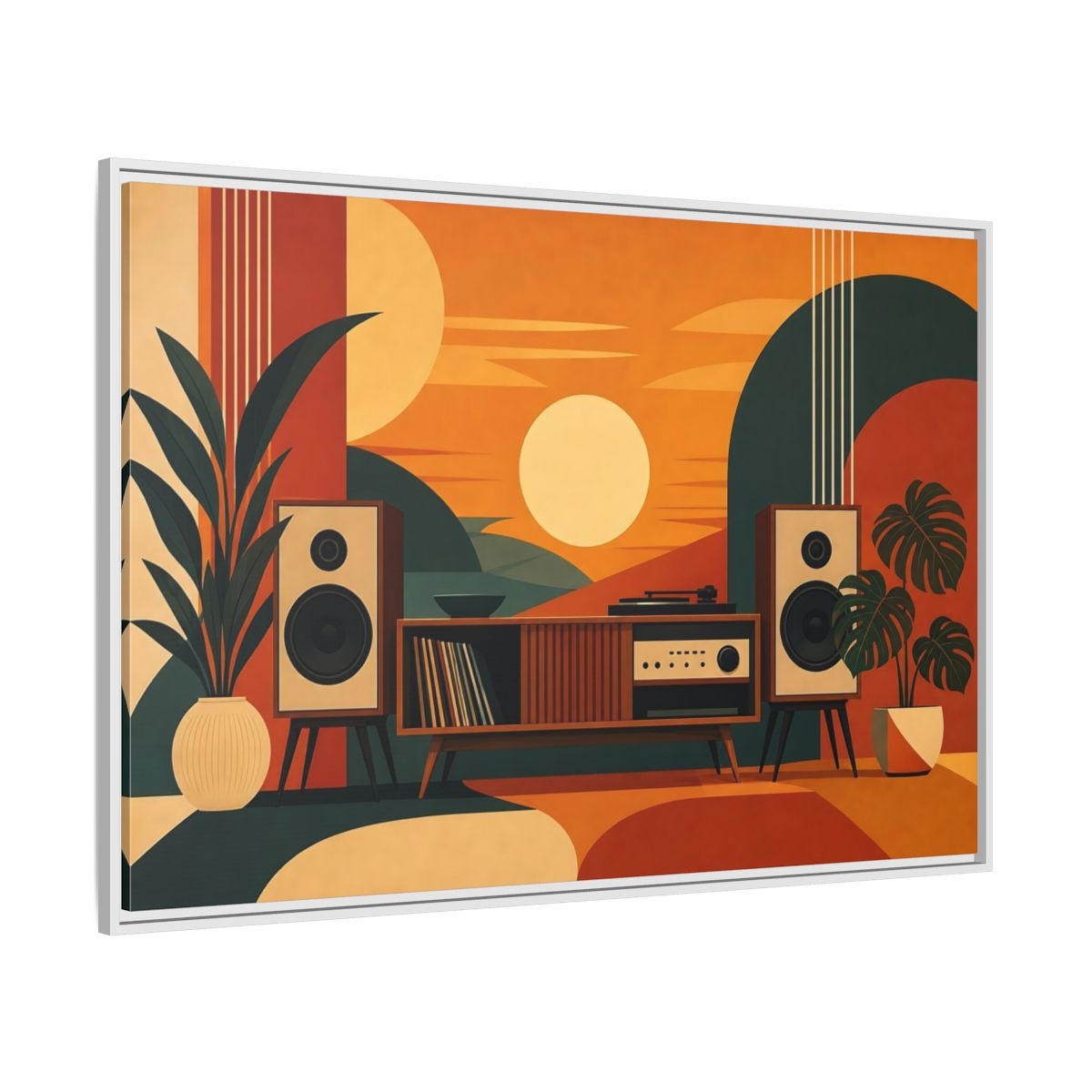 Side Mockup 7. Retro Sunset Stereo shown as framed canvas print