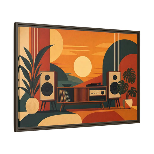 Main Mockup. Retro Sunset Stereo shown as framed canvas print