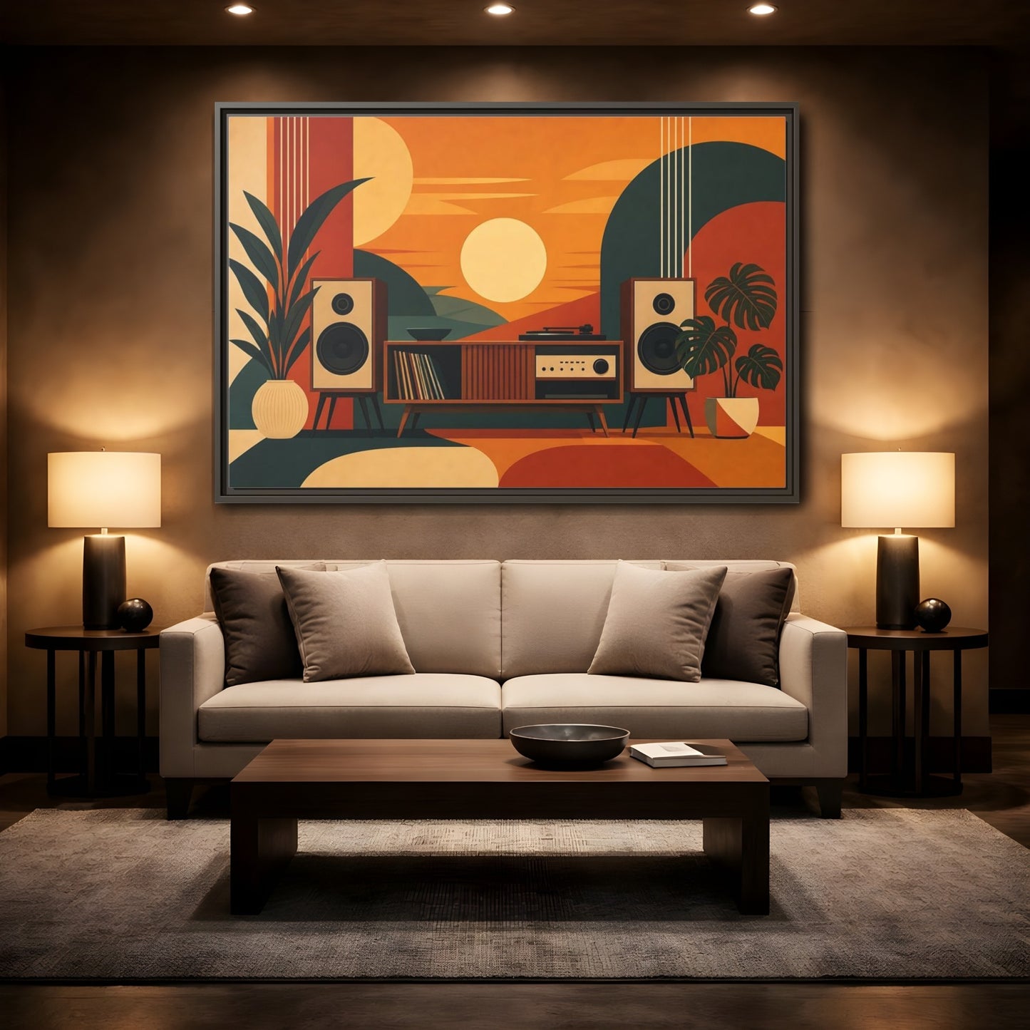 Mockup 2. Retro Sunset Stereo shown as framed canvas print