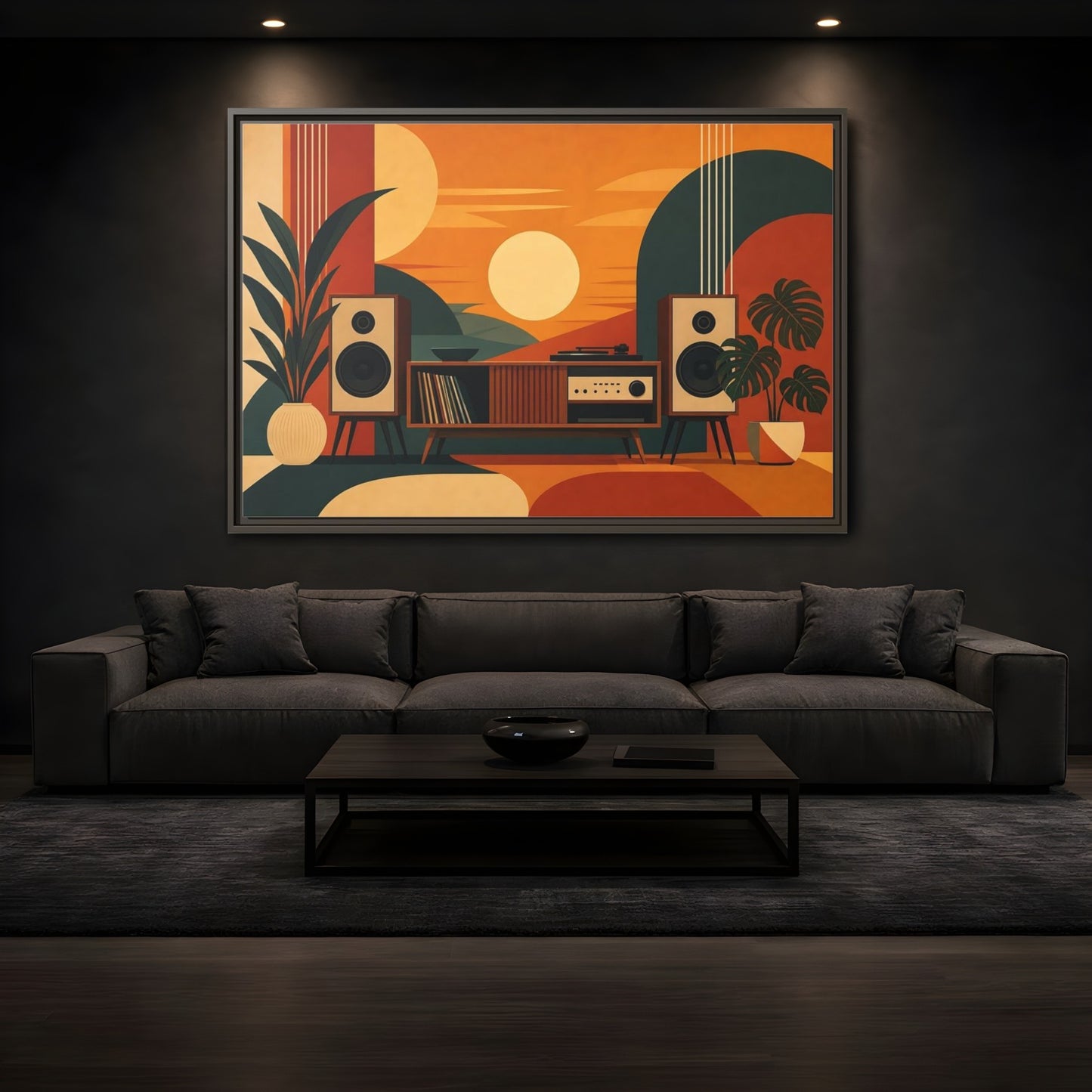Mockup 3. Retro Sunset Stereo shown as framed canvas print