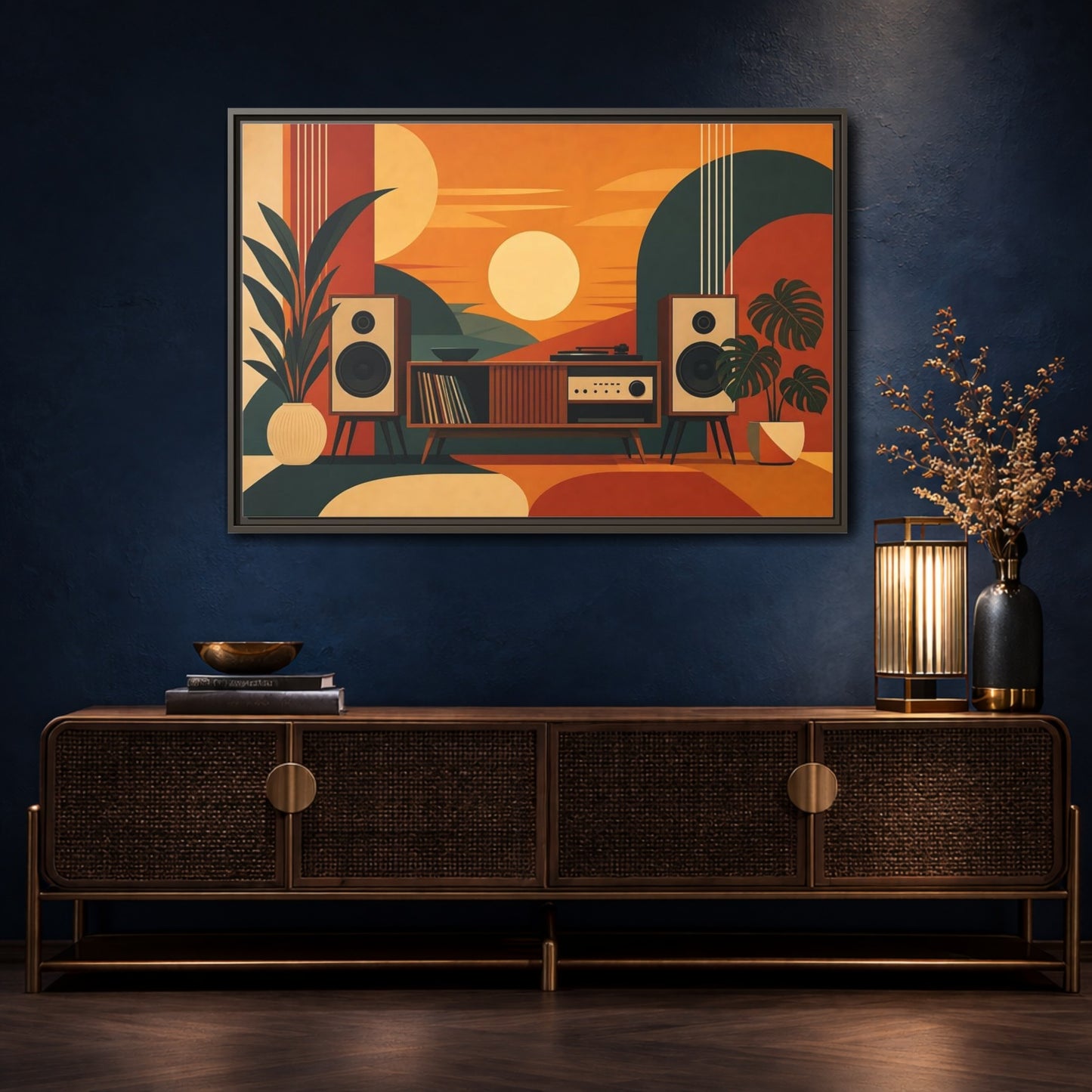 Mockup 4. Retro Sunset Stereo shown as framed canvas print