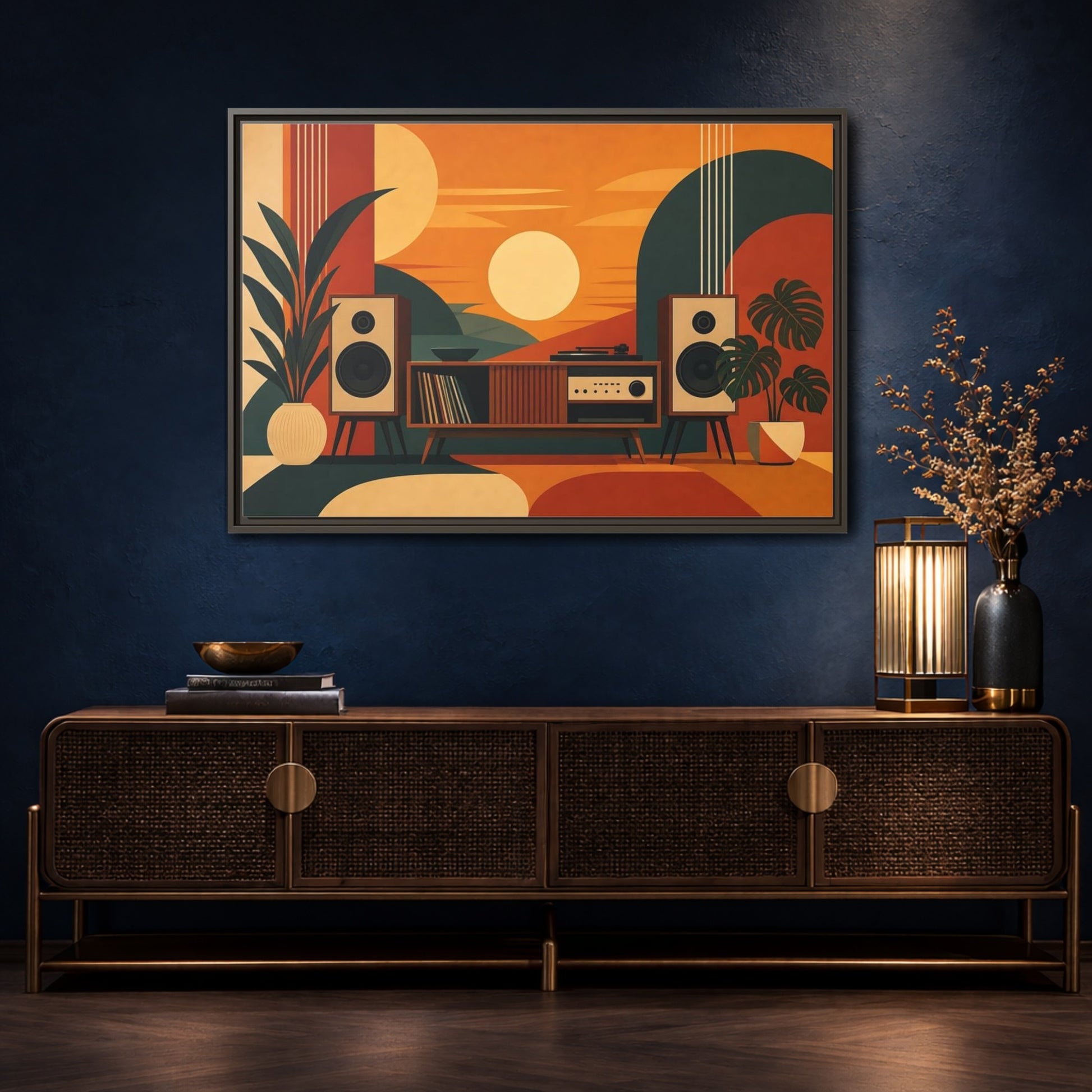 Mockup 4. Retro Sunset Stereo shown as framed canvas print