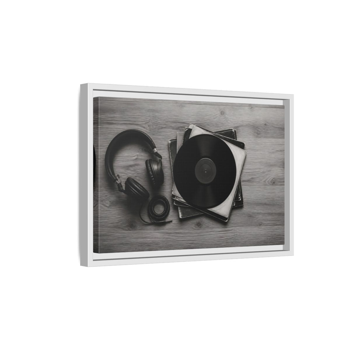 Side Mockup 4. Retro Vinyl And Headphones shown as framed canvas print