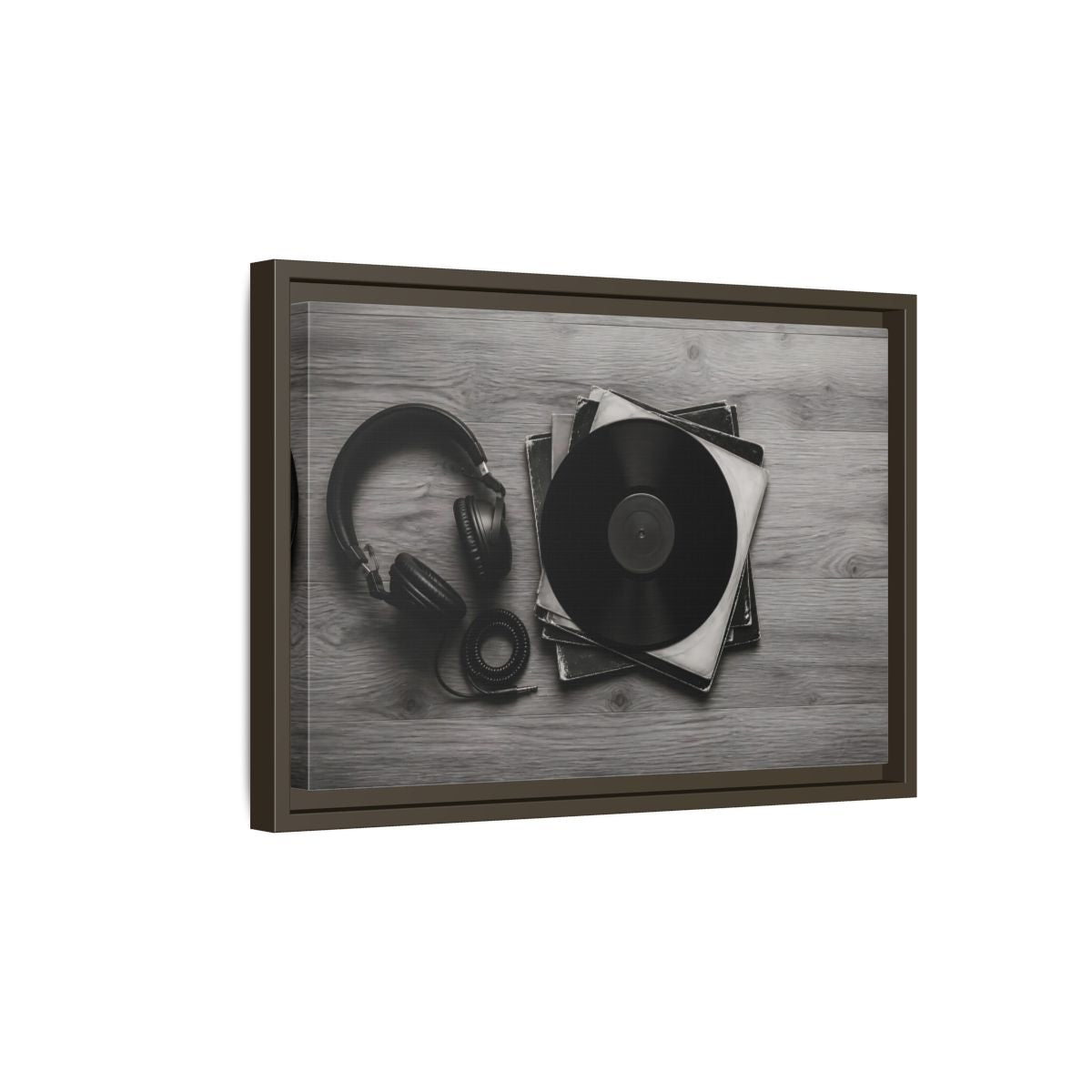 Side Mockup 5. Retro Vinyl And Headphones shown as framed canvas print