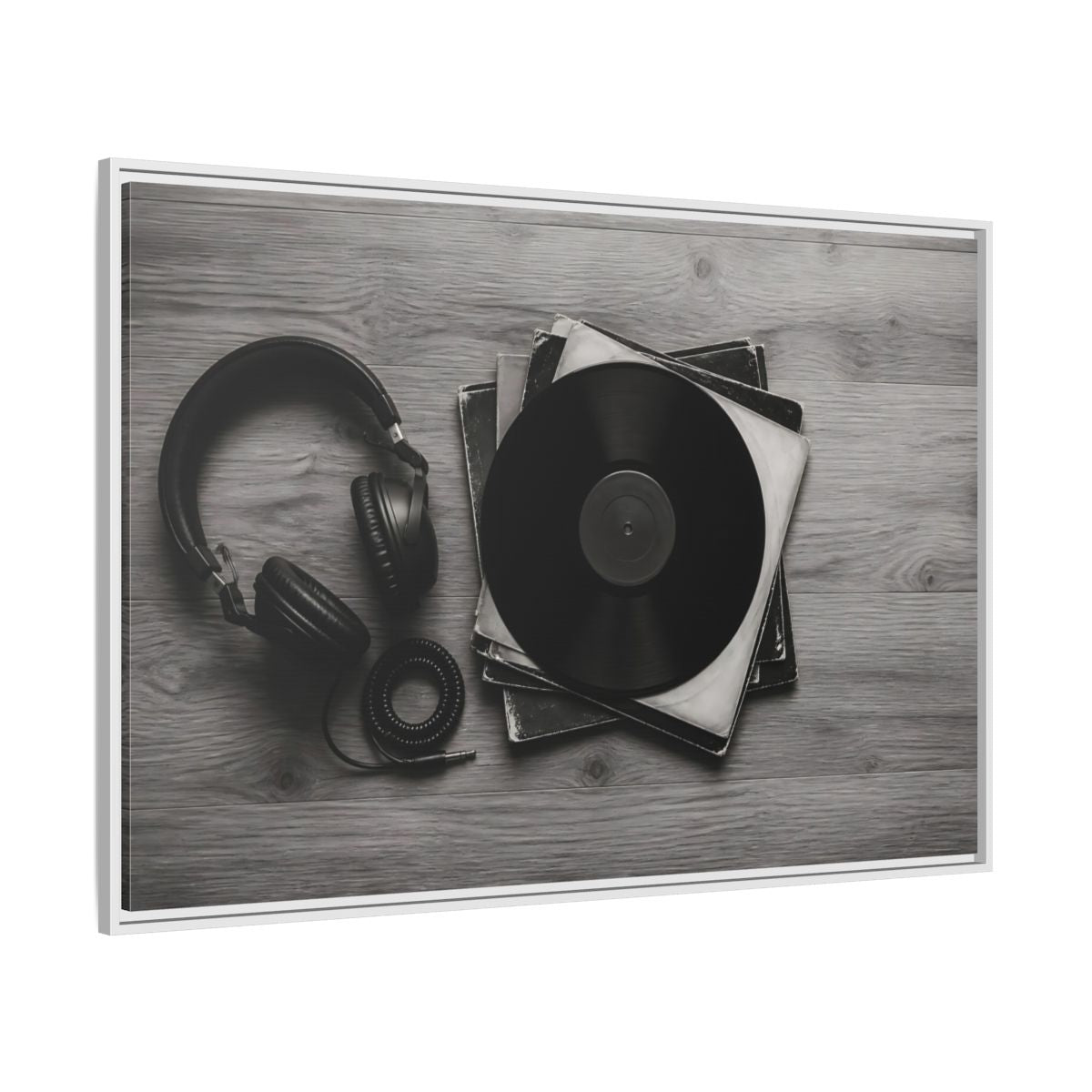 Side Mockup 7. Retro Vinyl And Headphones shown as framed canvas print