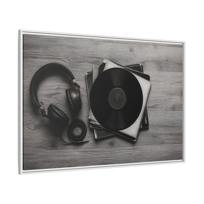 Side Mockup 7. Retro Vinyl And Headphones shown as framed canvas print
