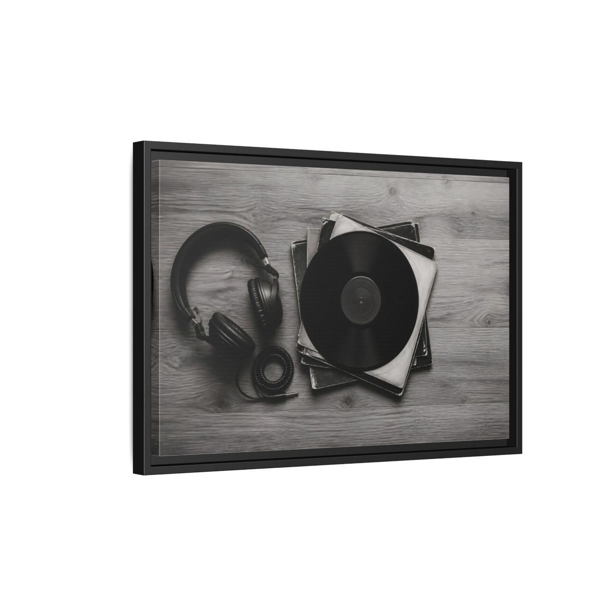 Side Mockup 3. Retro Vinyl And Headphones shown as framed canvas print
