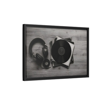 Side Mockup 3. Retro Vinyl And Headphones shown as framed canvas print