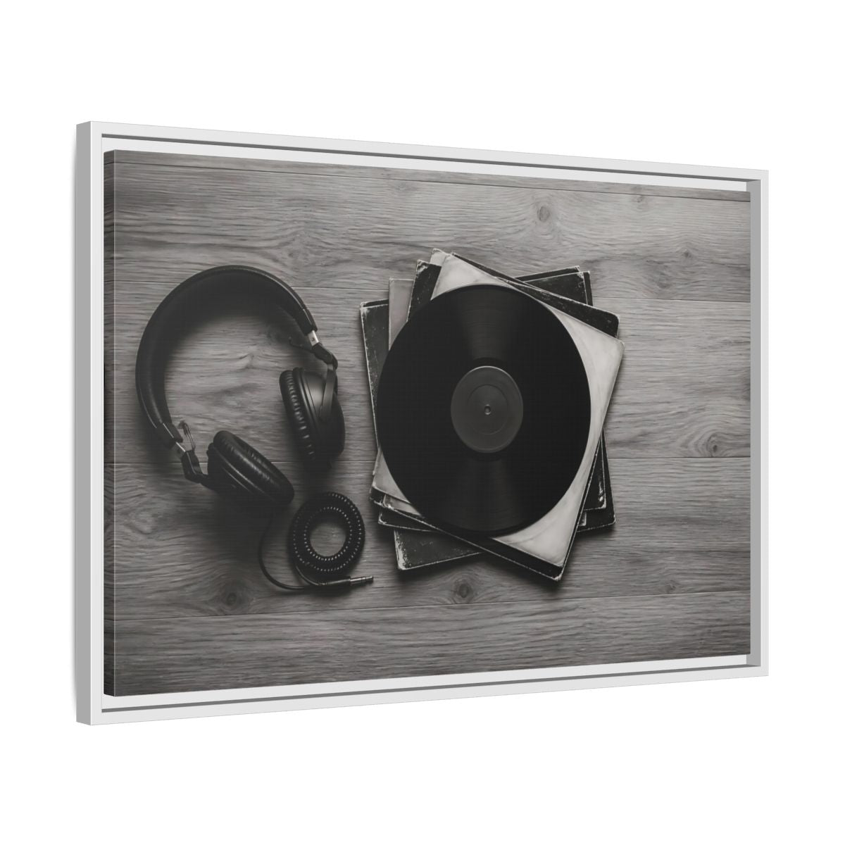 Side Mockup 10. Retro Vinyl And Headphones shown as framed canvas print