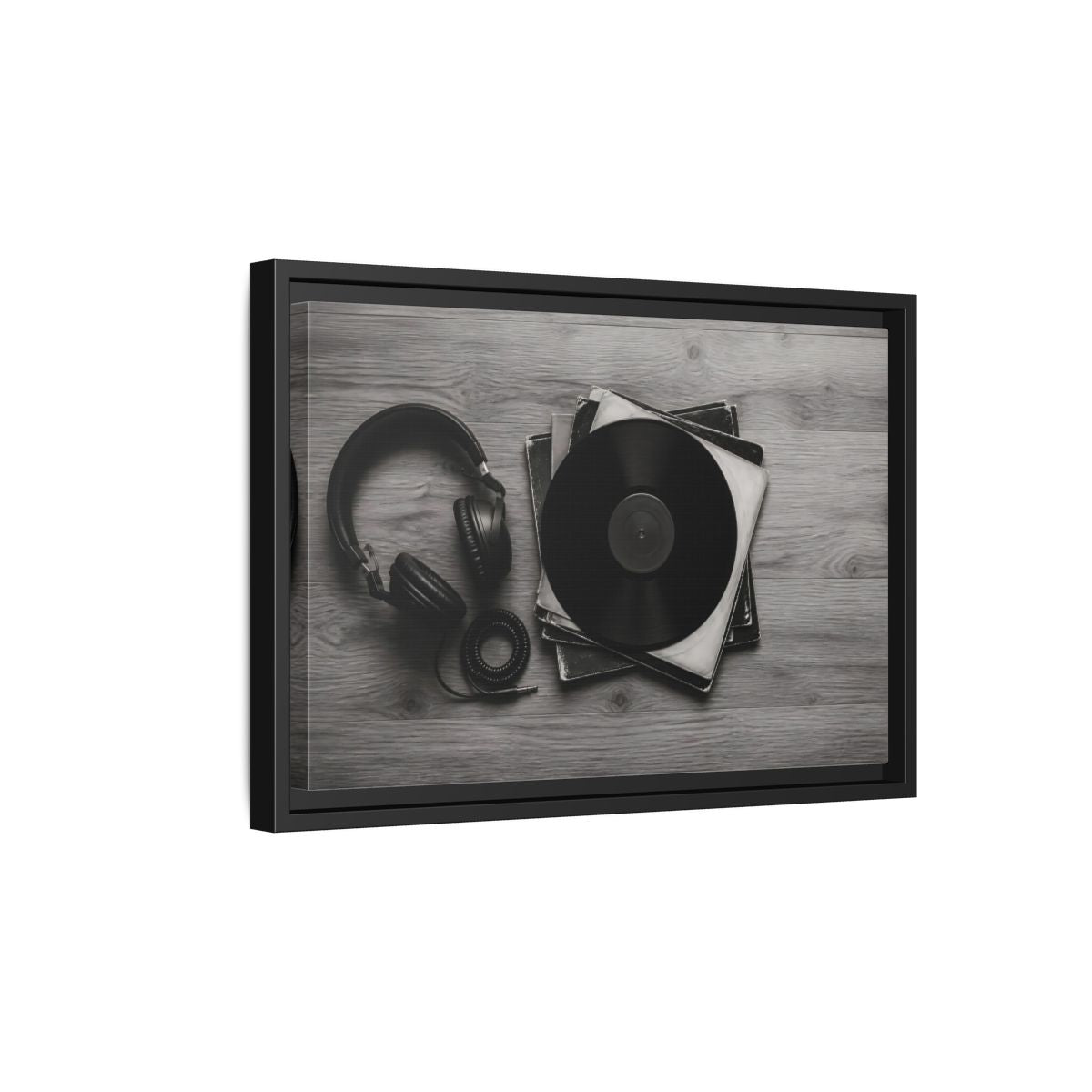Side Mockup 6. Retro Vinyl And Headphones shown as framed canvas print