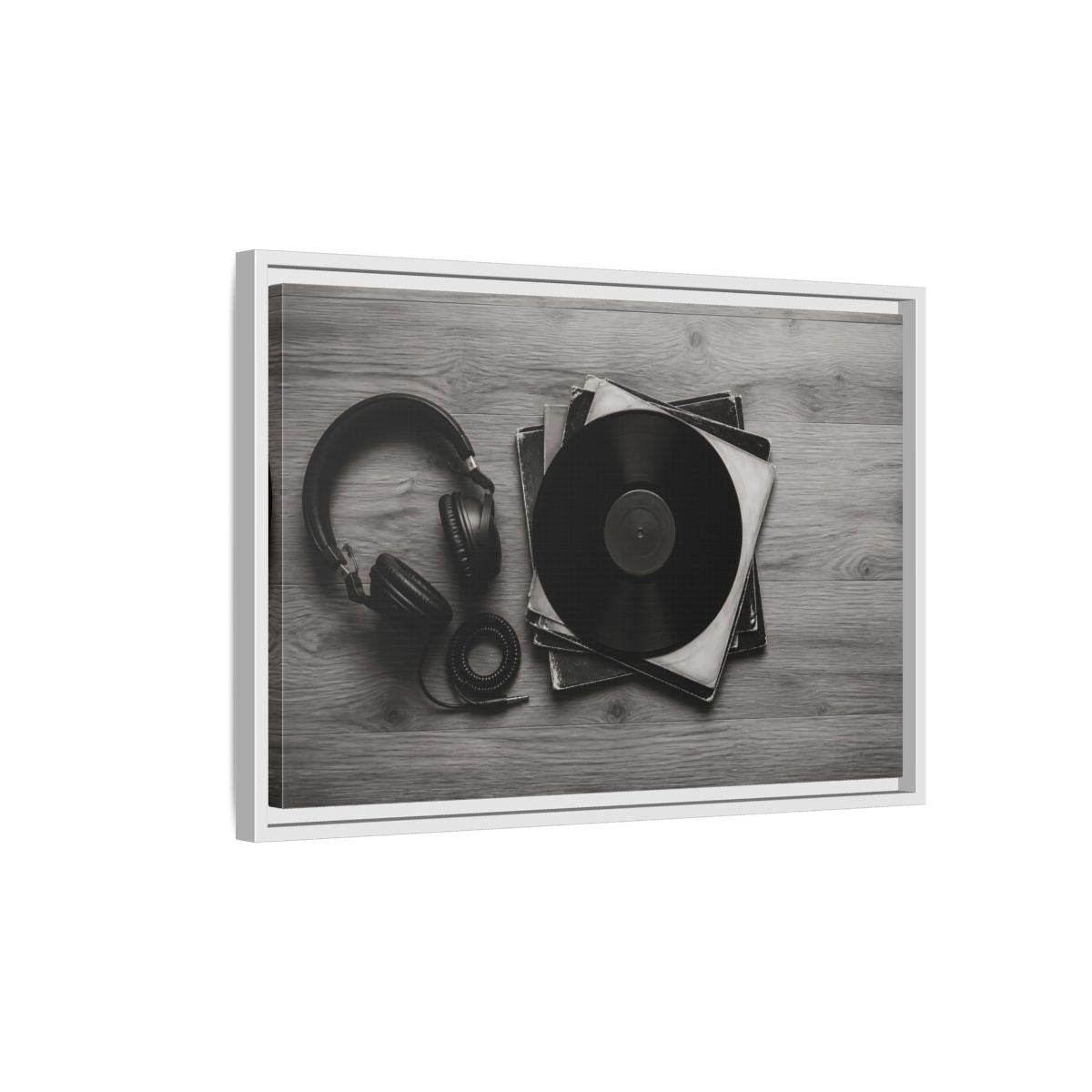 Side Mockup 1. Retro Vinyl And Headphones shown as framed canvas print
