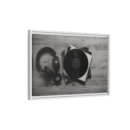Side Mockup 1. Retro Vinyl And Headphones shown as framed canvas print