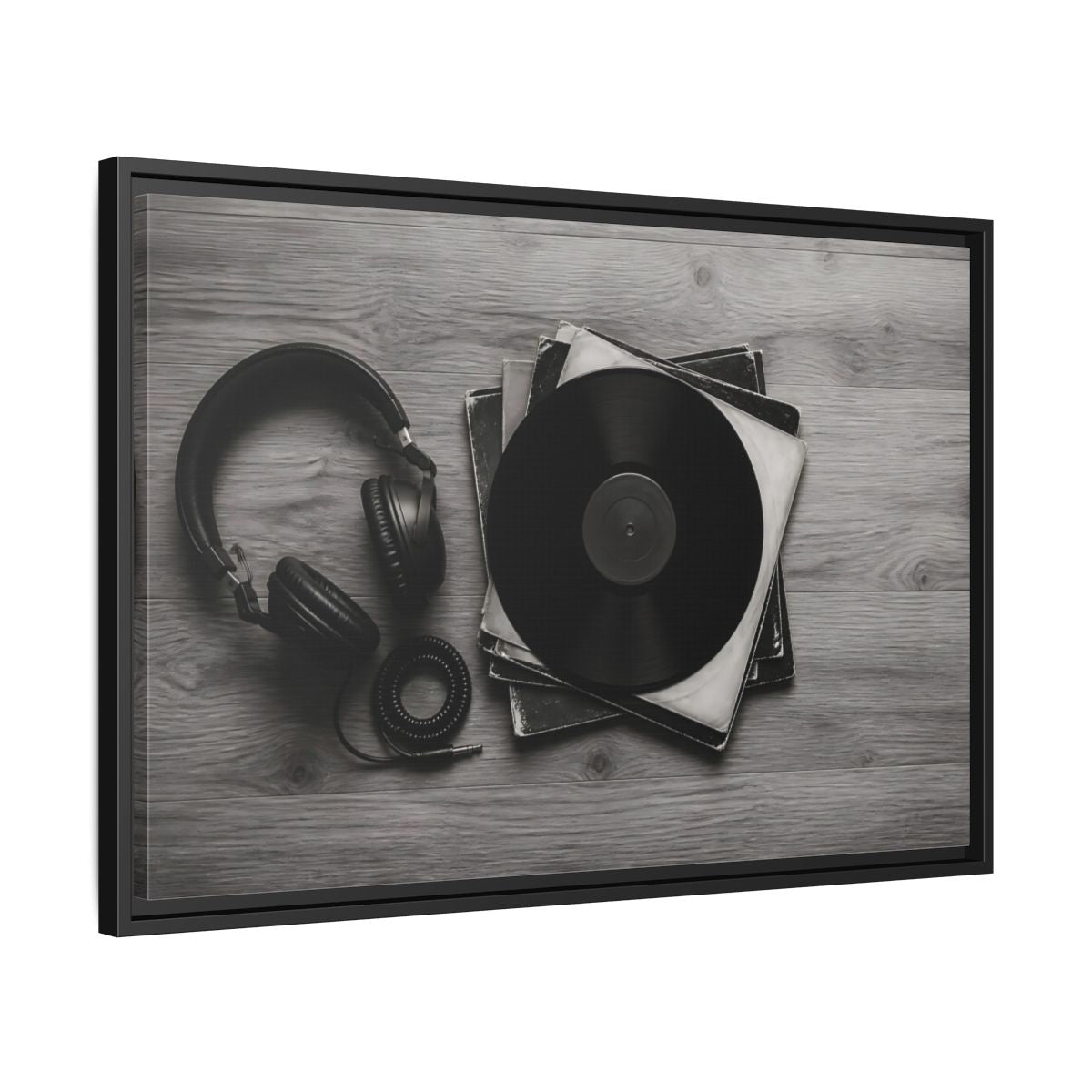 Side Mockup 14. Retro Vinyl And Headphones shown as framed canvas print