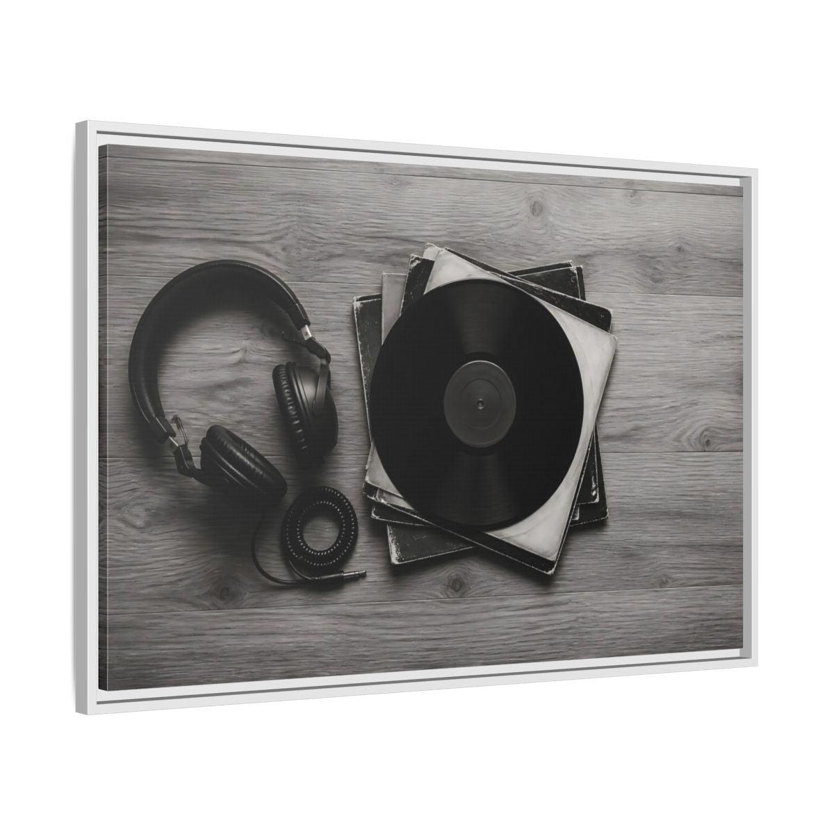 Side Mockup 9. Retro Vinyl And Headphones shown as framed canvas print