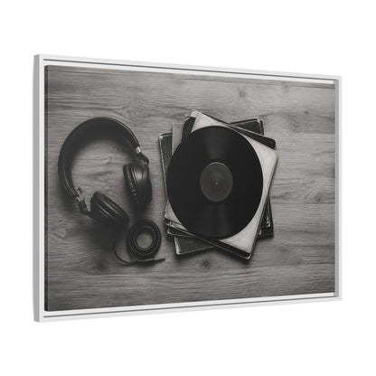 Side Mockup 9. Retro Vinyl And Headphones shown as framed canvas print
