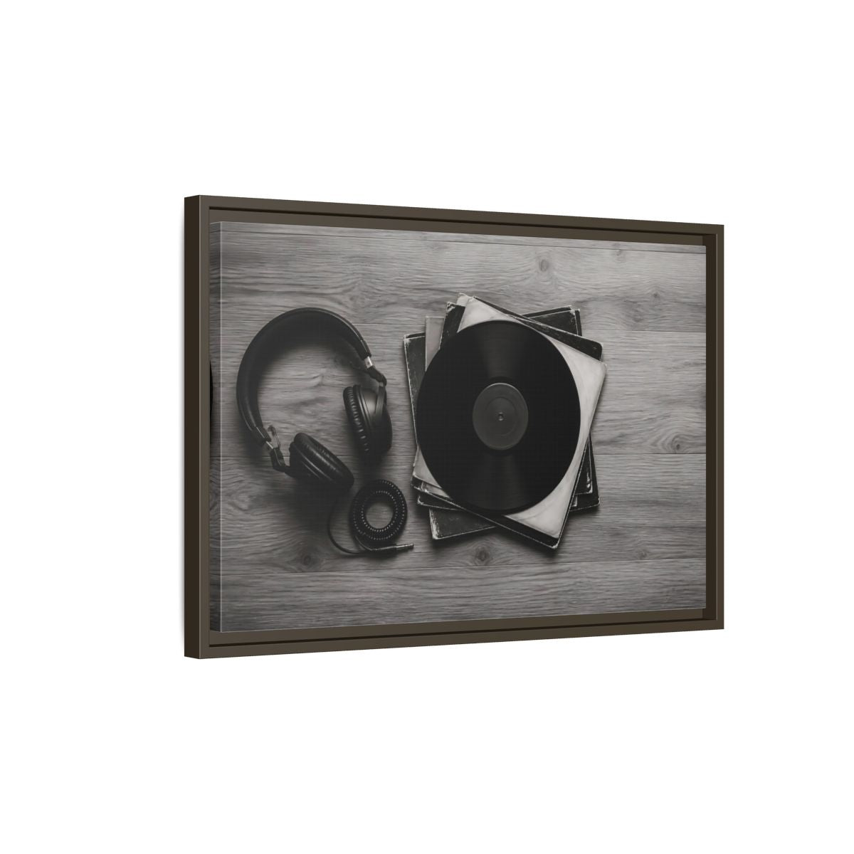 Side Mockup 2. Retro Vinyl And Headphones shown as framed canvas print
