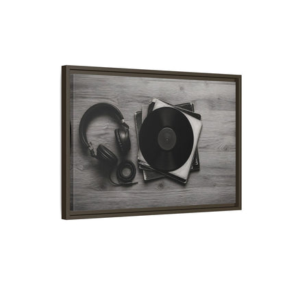 Side Mockup 2. Retro Vinyl And Headphones shown as framed canvas print