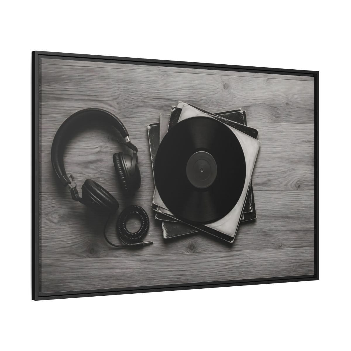 Side Mockup 12. Retro Vinyl And Headphones shown as framed canvas print