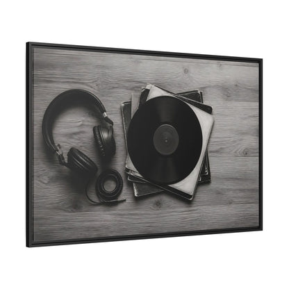 Side Mockup 12. Retro Vinyl And Headphones shown as framed canvas print