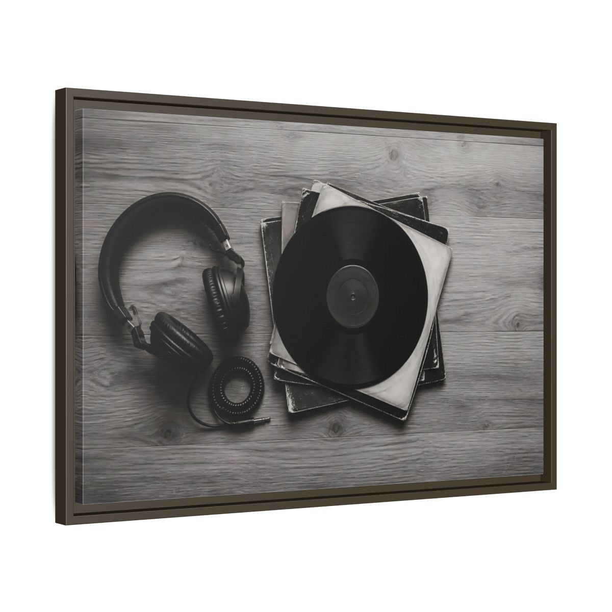 Side Mockup 11. Retro Vinyl And Headphones shown as framed canvas print