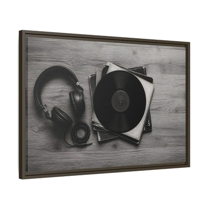 Side Mockup 11. Retro Vinyl And Headphones shown as framed canvas print