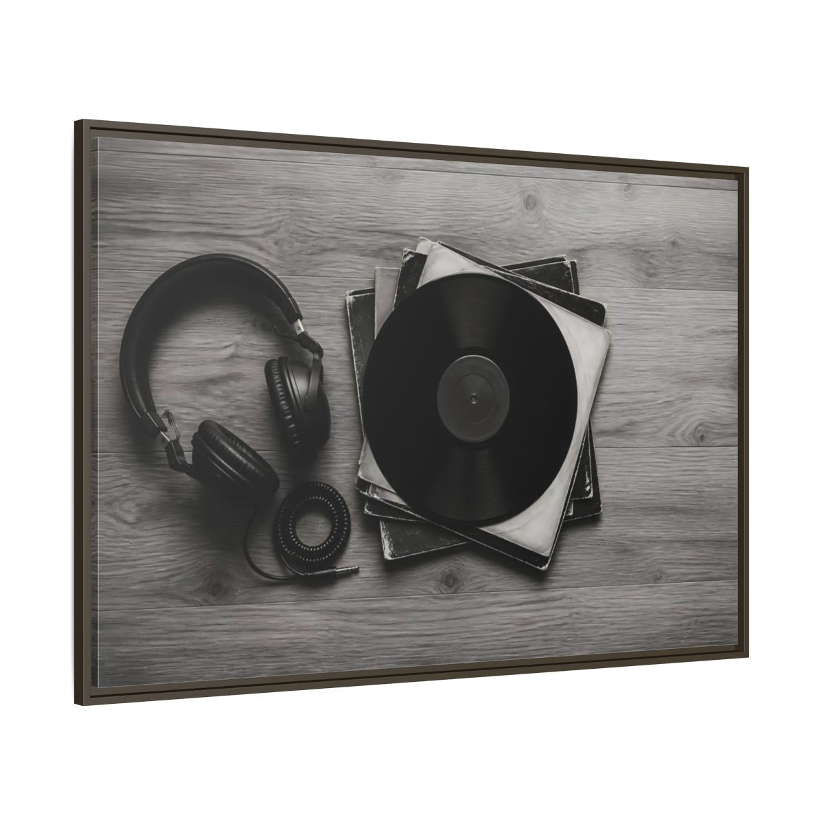 Side Mockup 8. Retro Vinyl And Headphones shown as framed canvas print