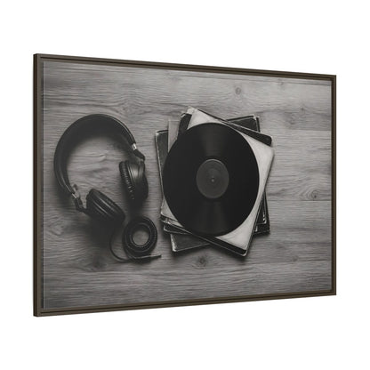 Side Mockup 8. Retro Vinyl And Headphones shown as framed canvas print