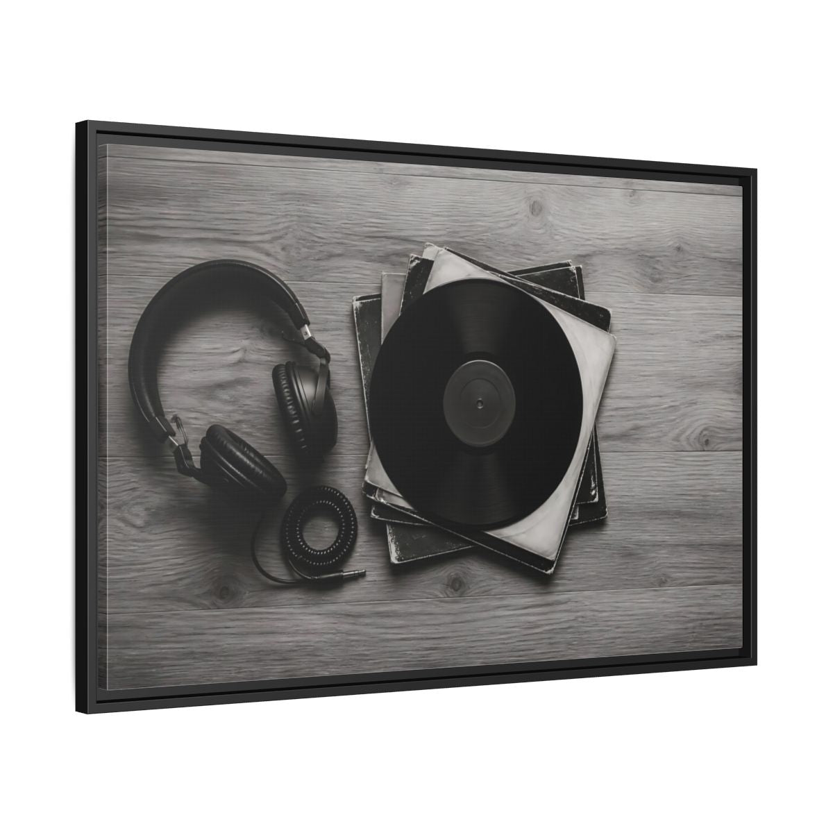 Side Mockup 13. Retro Vinyl And Headphones shown as framed canvas print