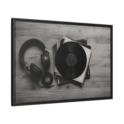 Side Mockup 13. Retro Vinyl And Headphones shown as framed canvas print