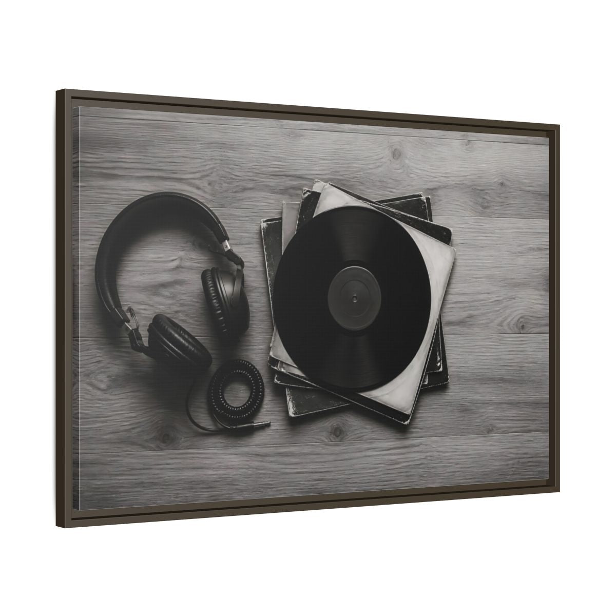 Main Mockup. Retro Vinyl And Headphones shown as framed canvas print