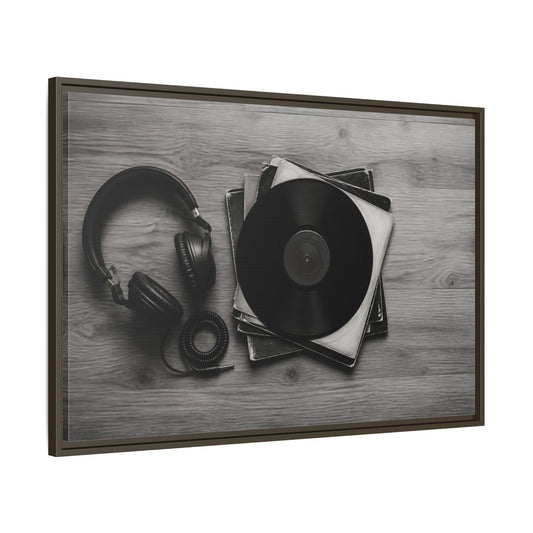 Main Mockup. Retro Vinyl And Headphones shown as framed canvas print