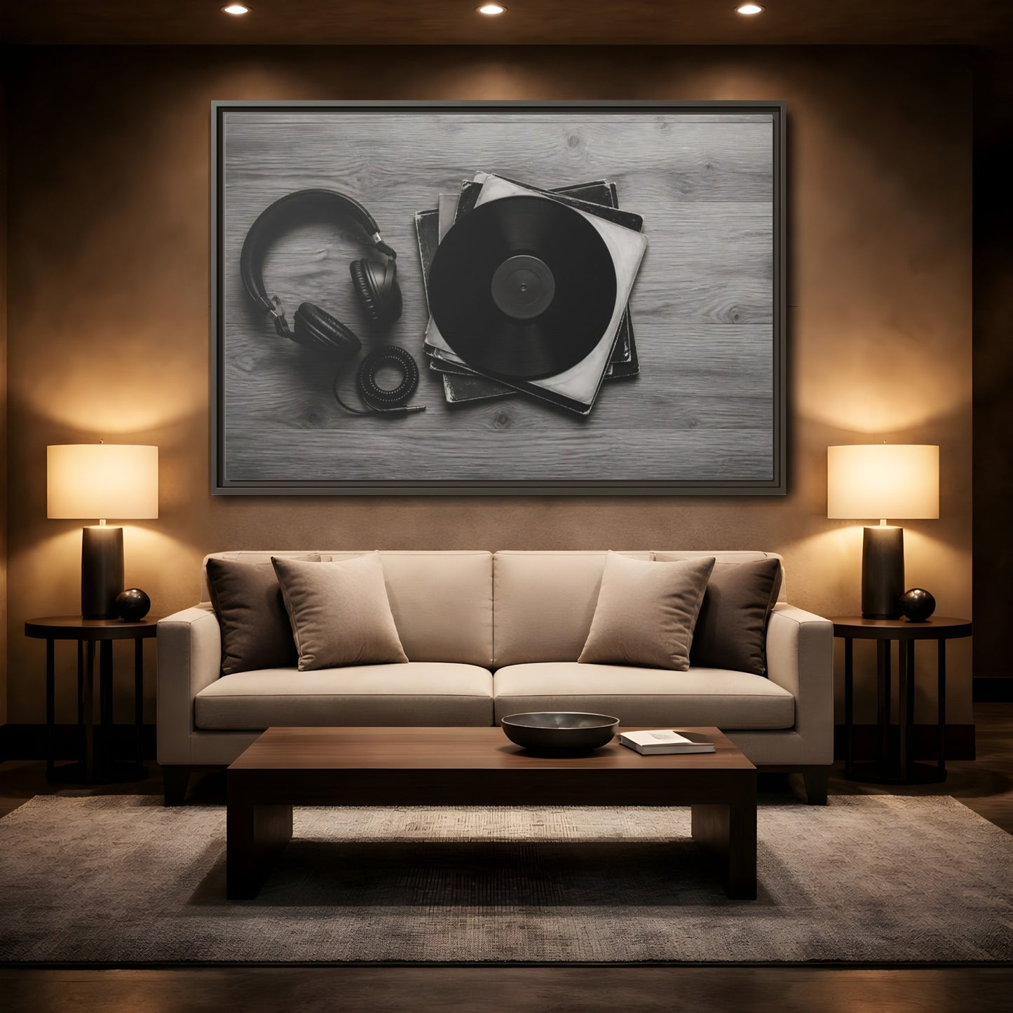 Mockup 2. Retro Vinyl And Headphones shown as framed canvas print