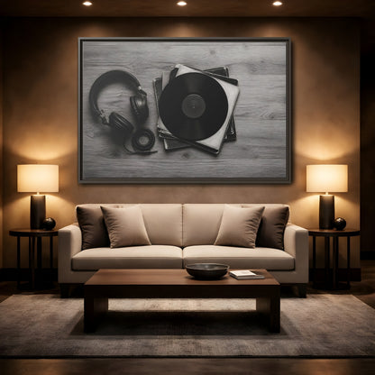 Mockup 2. Retro Vinyl And Headphones shown as framed canvas print