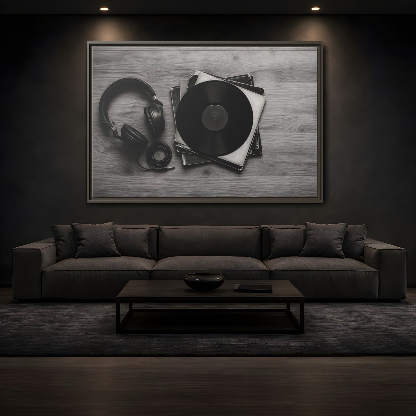 Mockup 3. Retro Vinyl And Headphones shown as framed canvas print