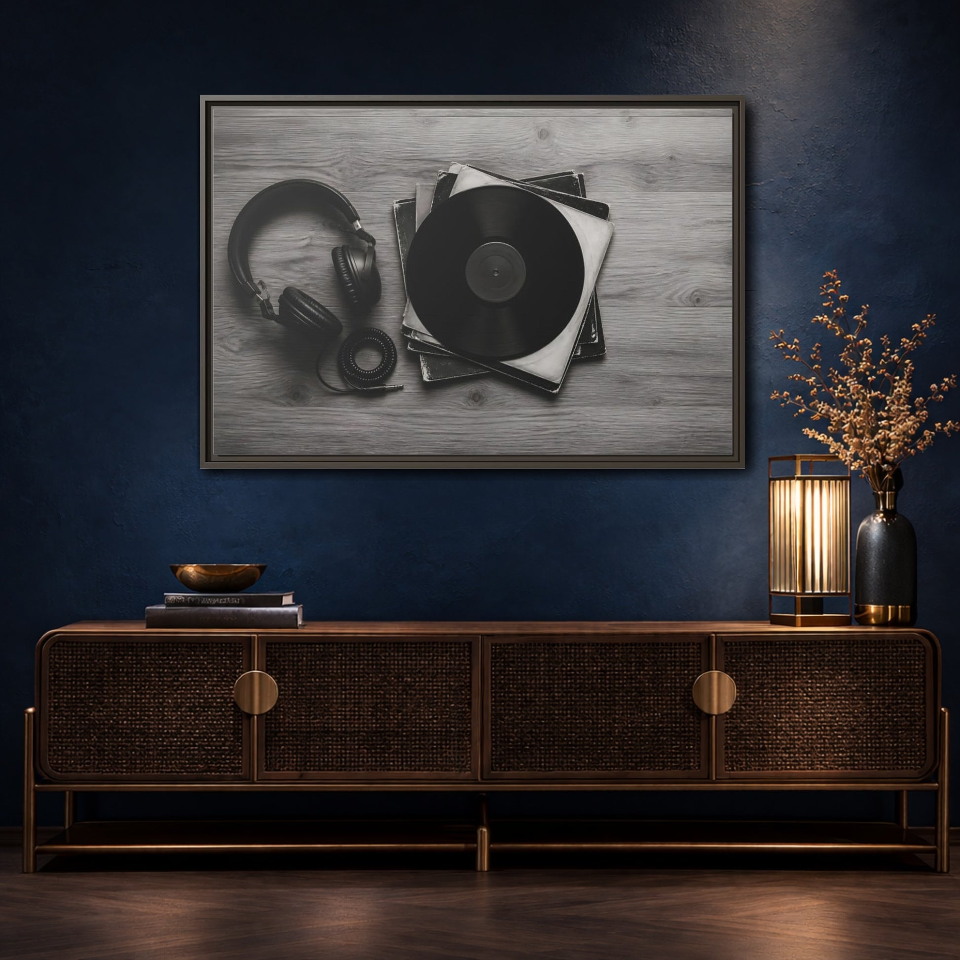 Mockup 4. Retro Vinyl And Headphones shown as framed canvas print