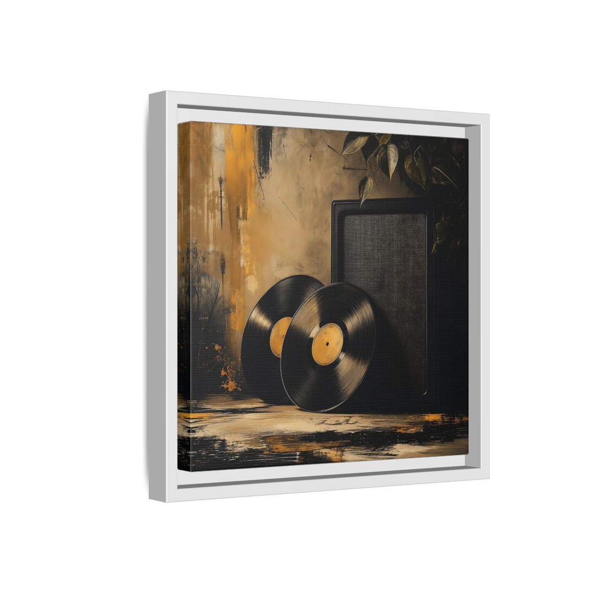 Side Mockup 16. Retro Vinyl Records Still Life shown as framed canvas print