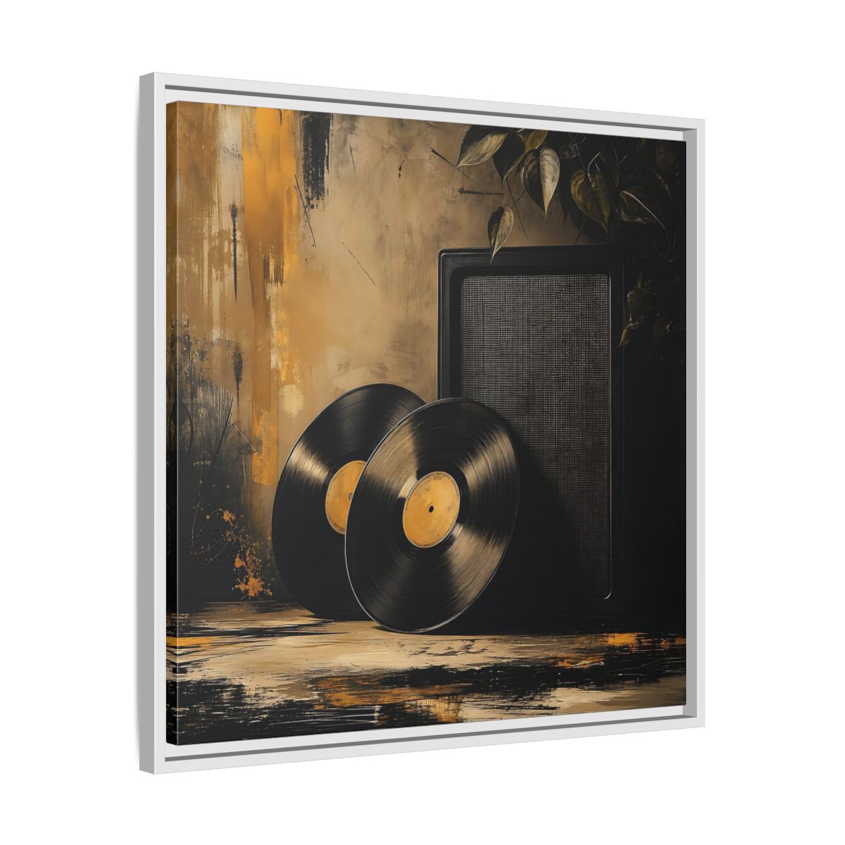 Side Mockup 26. Retro Vinyl Records Still Life shown as framed canvas print