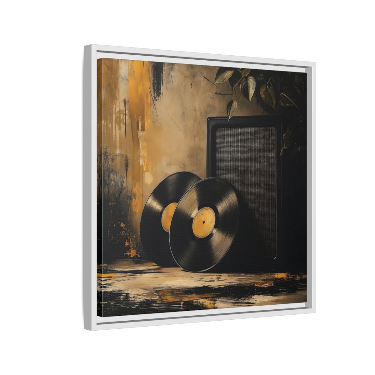 Side Mockup 10. Retro Vinyl Records Still Life shown as framed canvas print