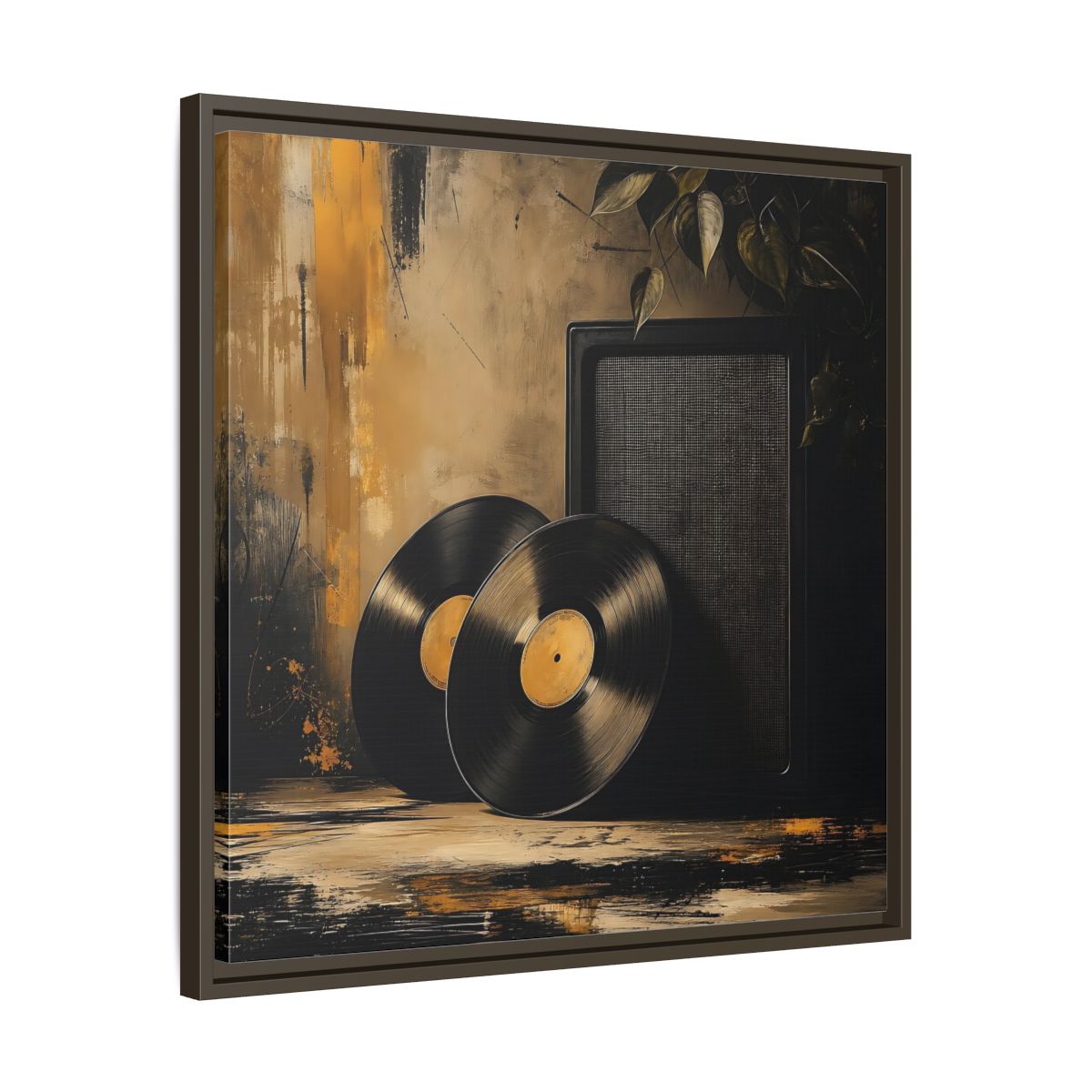 Side Mockup 27. Retro Vinyl Records Still Life shown as framed canvas print