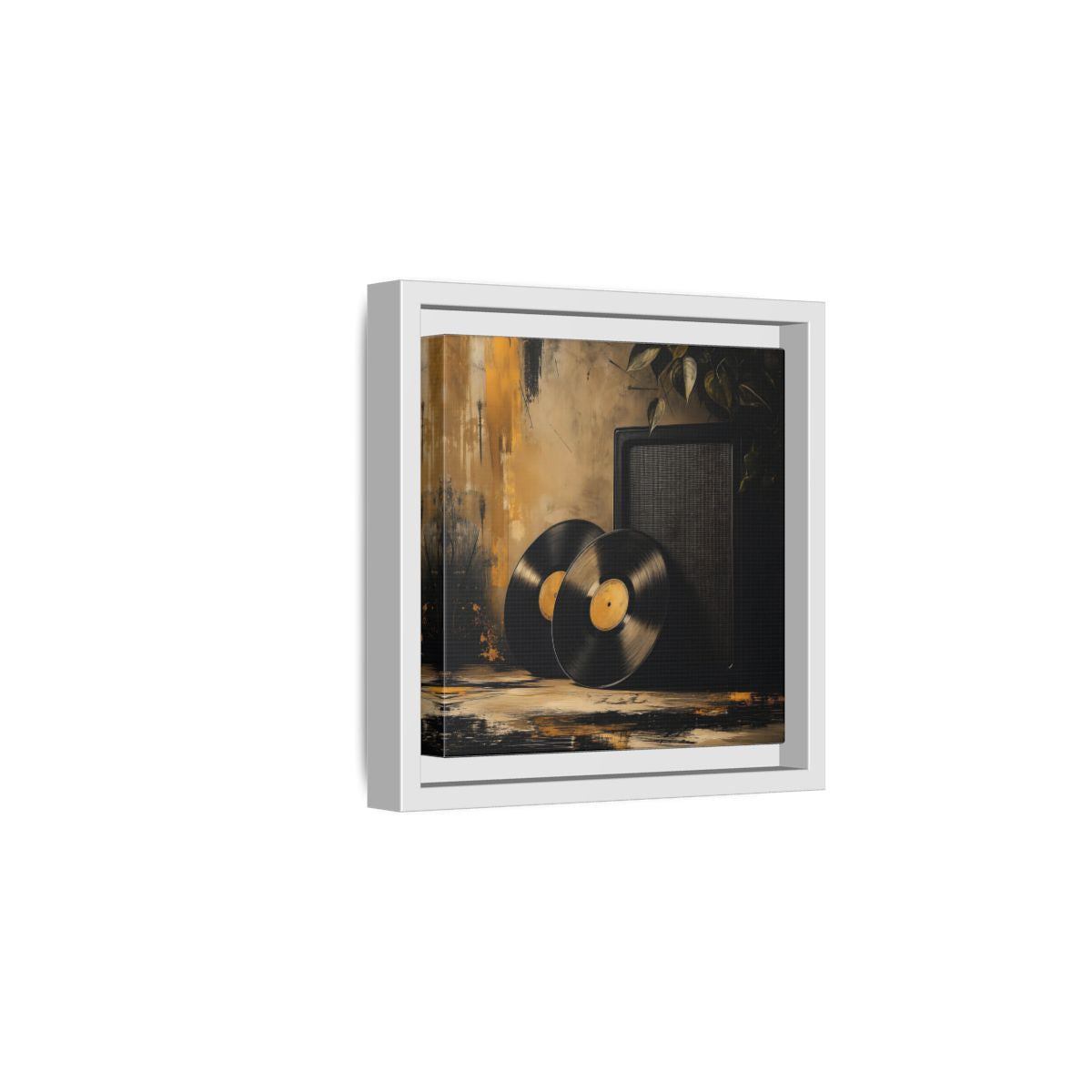 Side Mockup 1. Retro Vinyl Records Still Life shown as framed canvas print