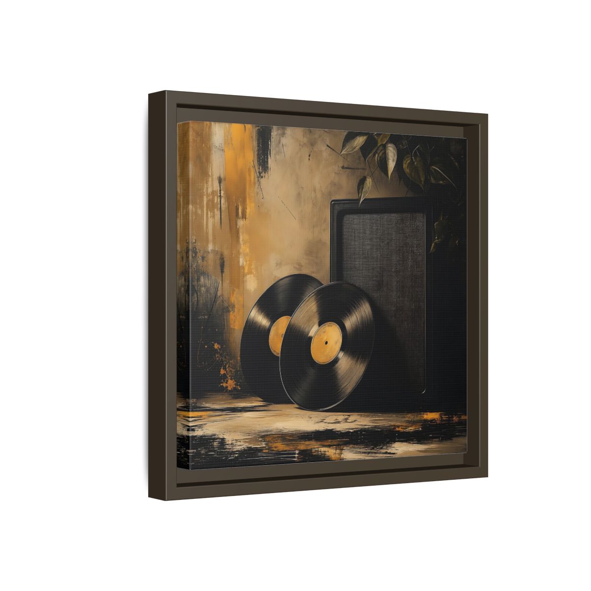 Side Mockup 17. Retro Vinyl Records Still Life shown as framed canvas print