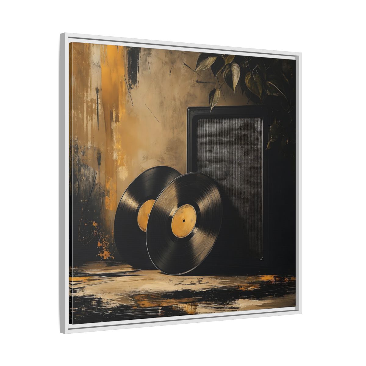 Side Mockup 25. Retro Vinyl Records Still Life shown as framed canvas print