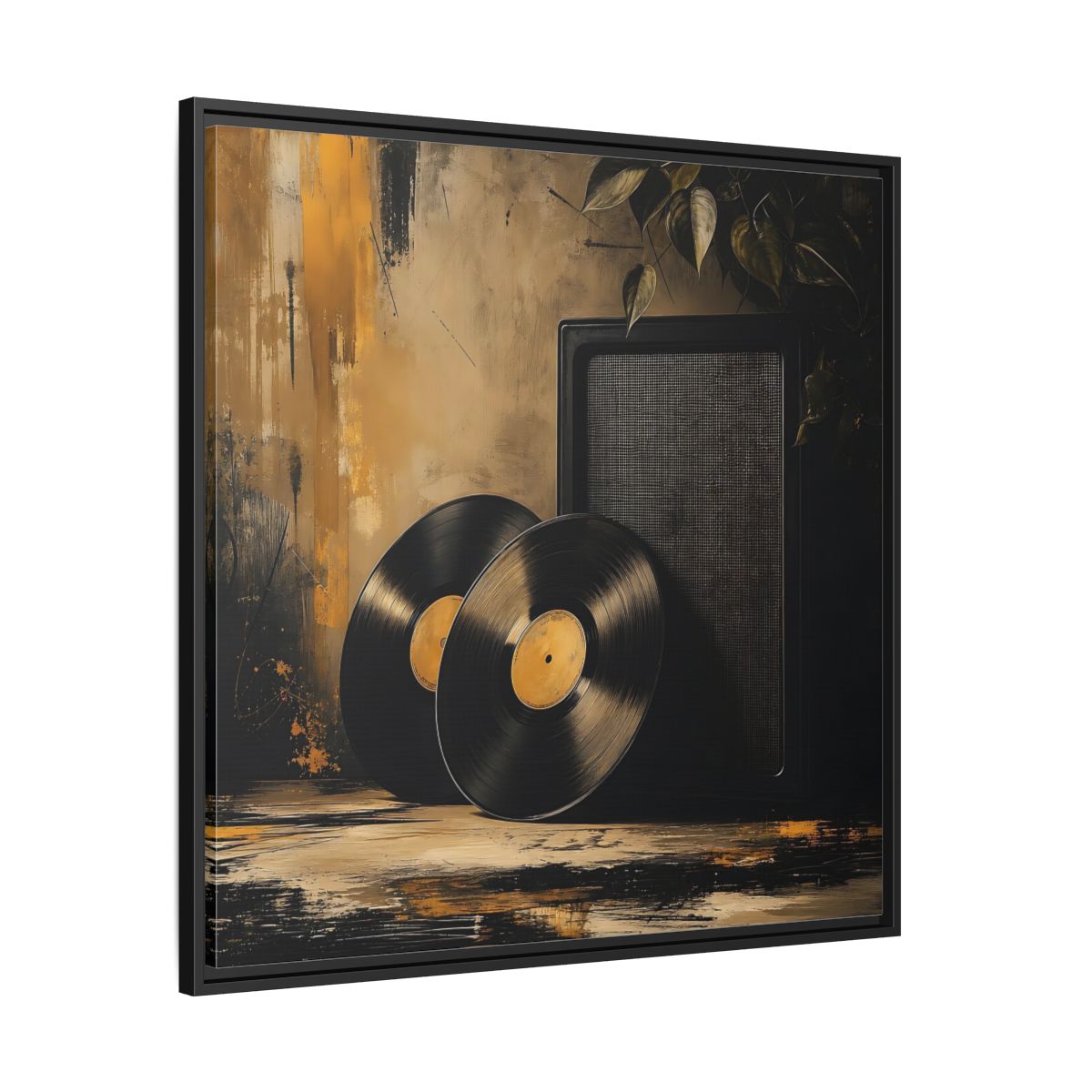 Side Mockup 30. Retro Vinyl Records Still Life shown as framed canvas print