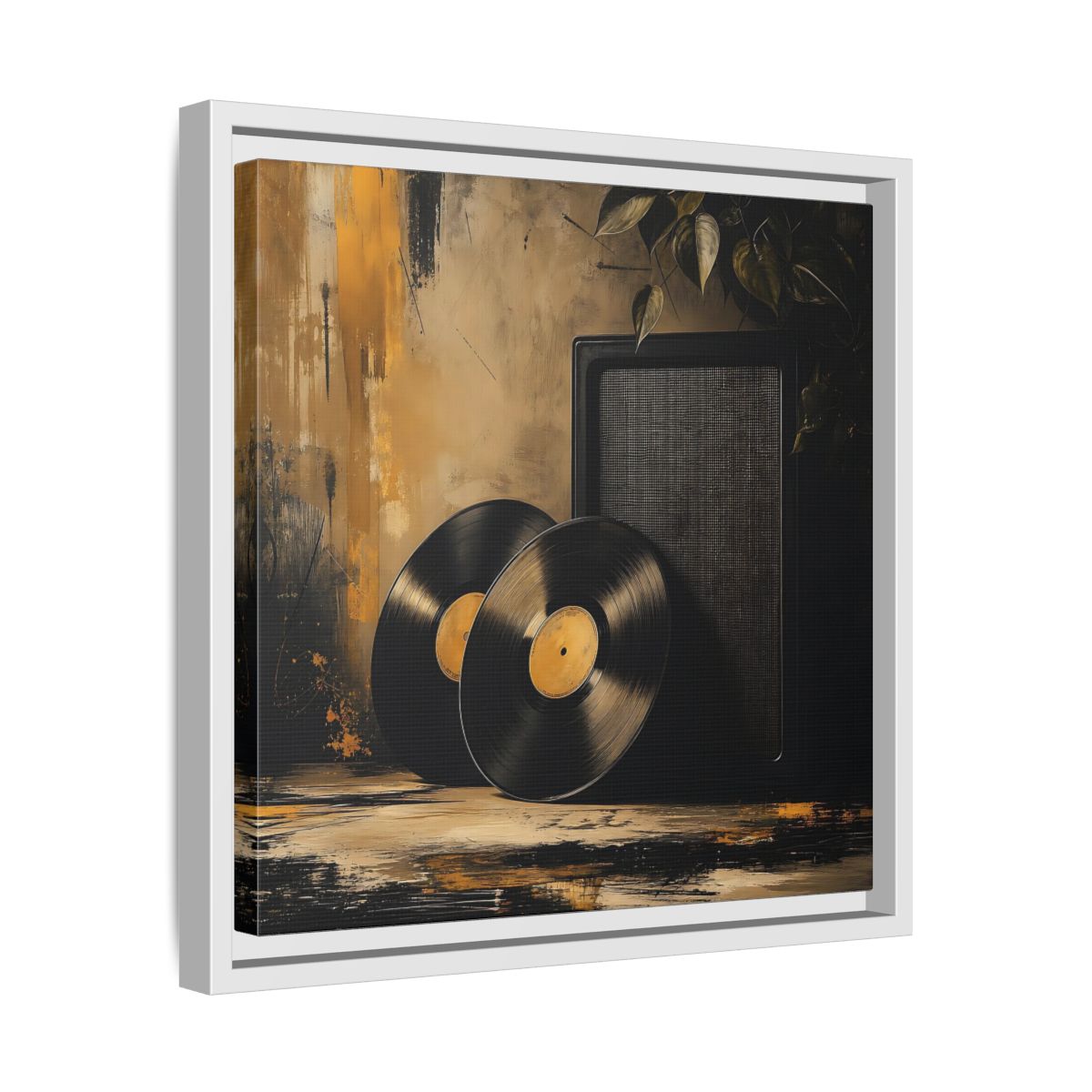 Side Mockup 28. Retro Vinyl Records Still Life shown as framed canvas print