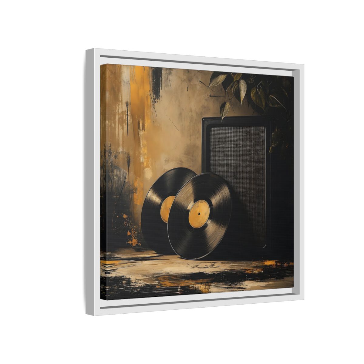Side Mockup 13. Retro Vinyl Records Still Life shown as framed canvas print