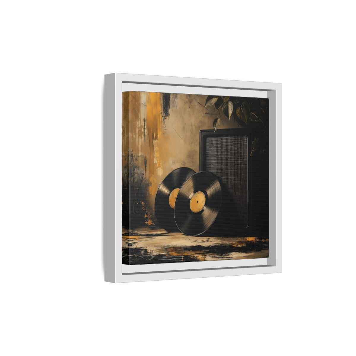Side Mockup 19. Retro Vinyl Records Still Life shown as framed canvas print