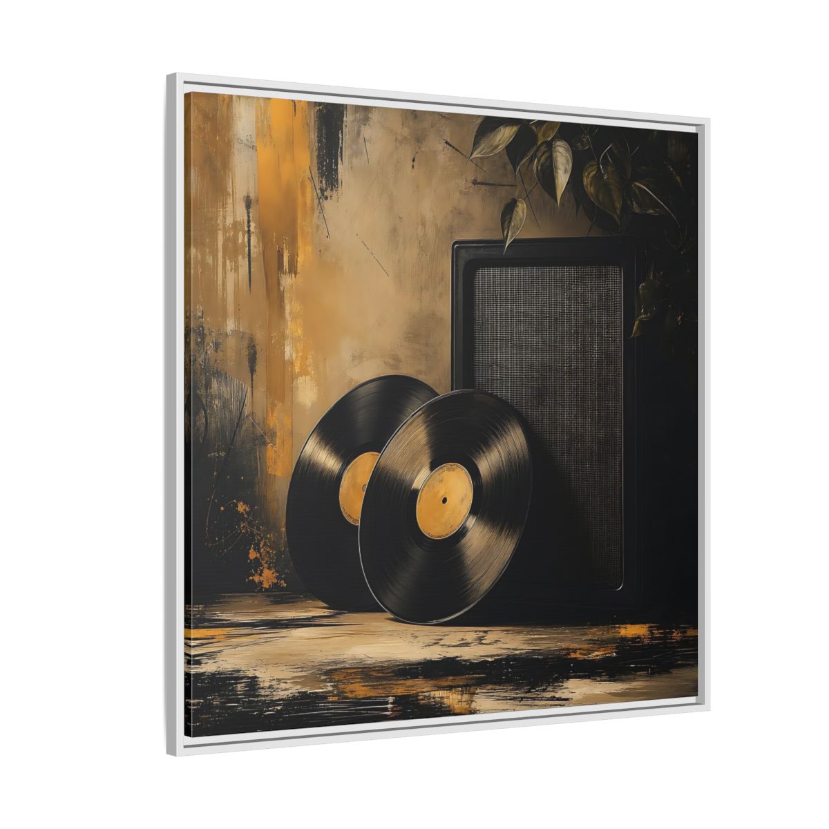 Side Mockup 4. Retro Vinyl Records Still Life shown as framed canvas print