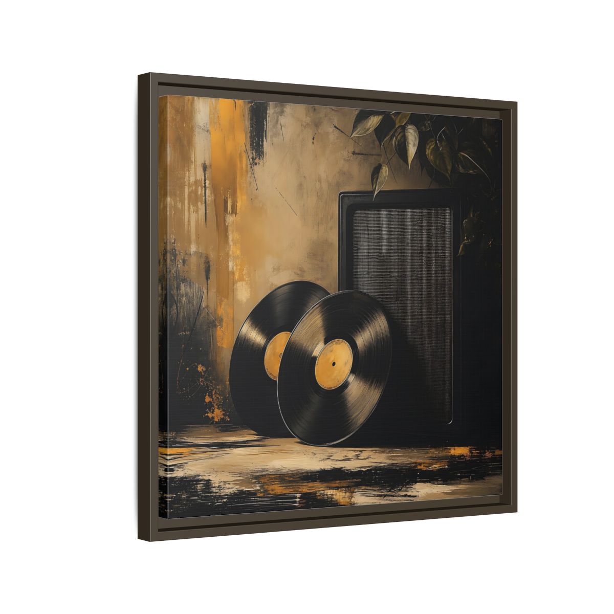 Side Mockup 11. Retro Vinyl Records Still Life shown as framed canvas print