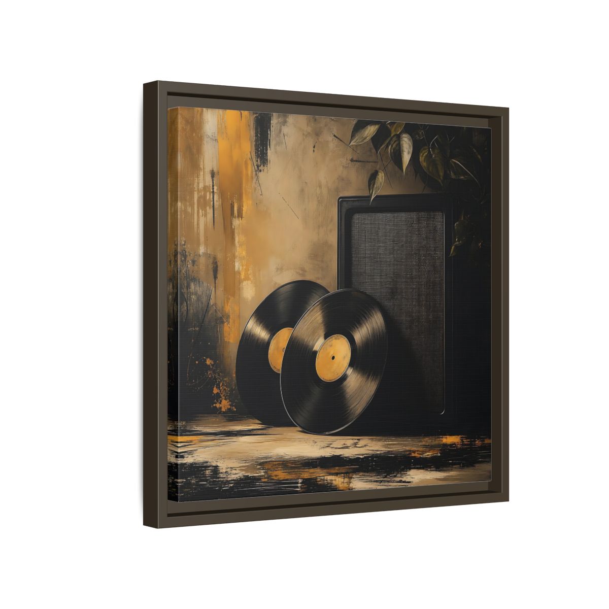 Side Mockup 14. Retro Vinyl Records Still Life shown as framed canvas print